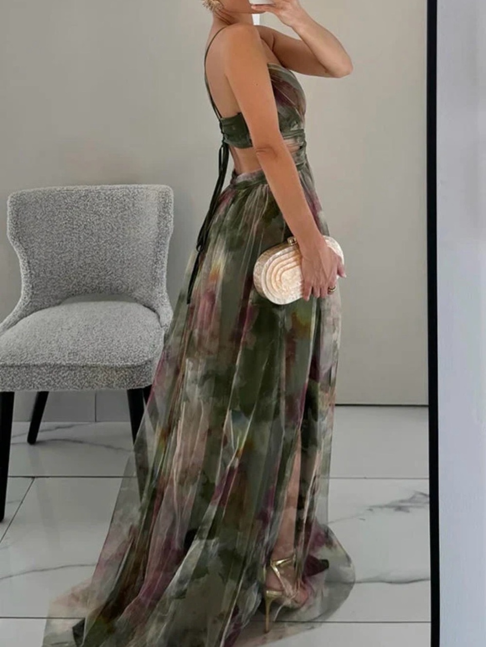 Strappy Floral Maxi Dress in Olive Green - Picture 2 of 6